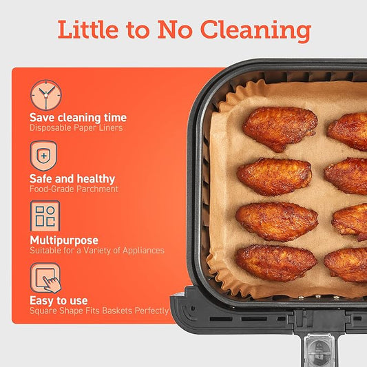 Cosori Air Fryer Liners, 100 PCS Square Disposable Paper Liners, Non-Stick Silicone Oil Coating, Little to No Cleaning, 6.5" Unbleached Food Grade, Resistant to 465°F, Thickened Not Easy to Break