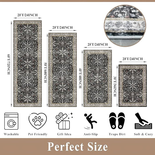 Kitchen Rug Sets 4-Piece with Runner – Washable Non-Slip Floor Mats for Sink, Entryway, Hallway, Bathroom – Soft Low-Pile Thin Boho Floral Rugs, New Home Decor (Black, 2x3+2x4+2x5+2x6)