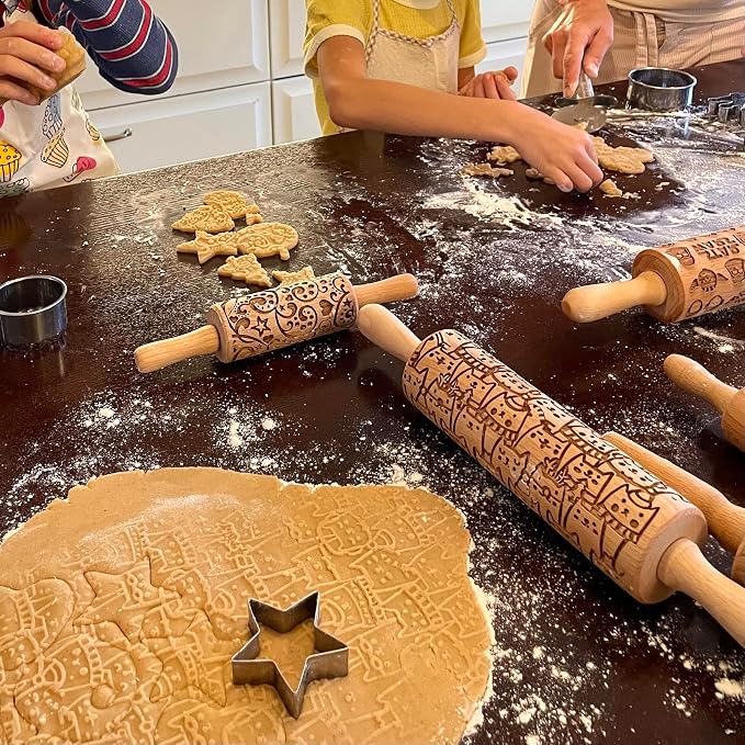 CHRISTMAS FEST 3 Mini Embossed Rolling Pin Set. Wooden Laser Engraved Textured rolling pins for Cookies, Modeline, Ceramic with Skulls, Bats, Halloween by Algis Crafts