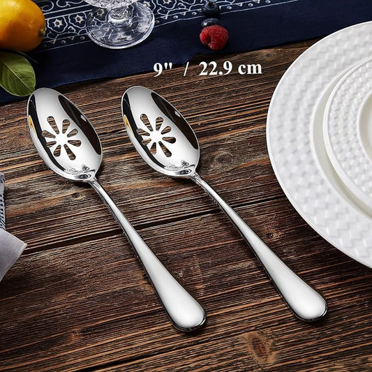 KEAWELL Premium Verona 4-Piece 9 inch Spoon Set – 18/10 Stainless Steel, Heavy-Duty Mirror-Finished Flatware for Daily Meals, Hosting and Special Occasions (4, Serving Spoons and Slotted Spoons)