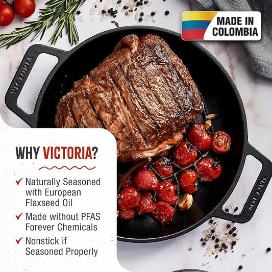 Victoria Cast Iron Round Grill Pan with Double Loop Handles, Made in Colombia, 10 Inches