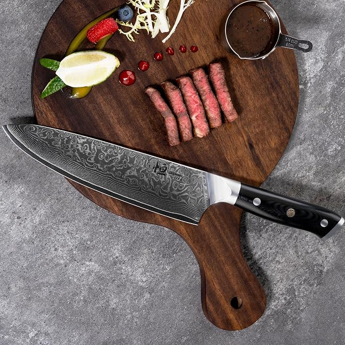 Chef Knife 8 Inch Japanese Steel Damascus Kitchen Knife, VG-10 Damascus Super Steel Kitchen Knife,Ultra Sharp Professional Cooking Knife with Ergonomic G10 Handle,Including Luxury Gift Box