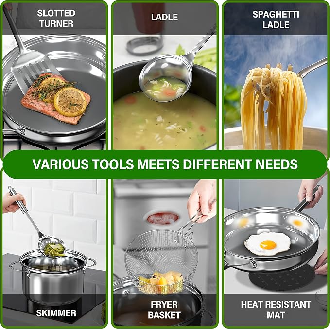 YSSOA 18-Piece Stainless Steel Kitchen Cookware Set, Including Saucepan, Casseroles with Tempered Glass Lid, Frypan, Steamer, Salad Bowl , Fryer Basket, Heat Resistant Mat & Utensils Set, Silver
