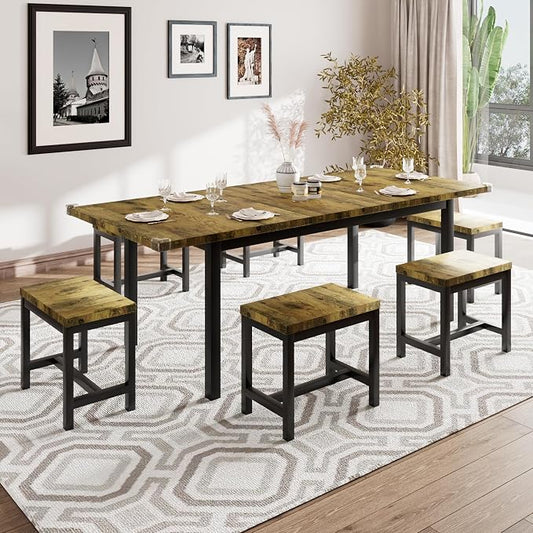iPormis 7-Piece Dining Table Set with 6 Stools, 63" Extendable Kitchen Table Set for 4-8, Modern Dining Room Table with Sturdy Metal Frame, Space-Saving Dinette, Rustic Brown