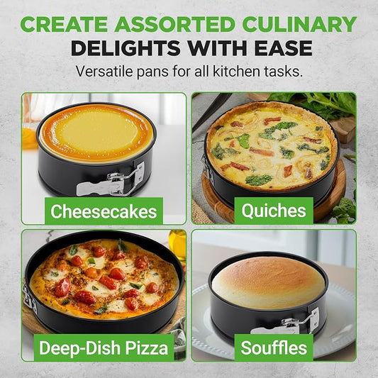Nutrichef 3-Piece Nonstick Springform Pan Set - Premium Carbon Steel Cheesecake Pans with Stainless Steel Clasp - 6", 8", 10" Sizes, Oven Safe up to 450°F - Includes 300pcs Parchment Paper (Black)