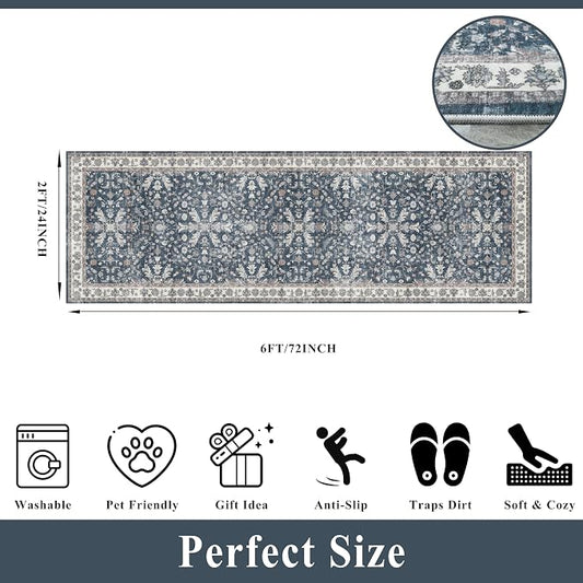 2x6ft Washable Hallway Carpet Runner – Non-Skid Floor Runner Rug for Kitchen Indoor Entryway Bedroom Bathroom Bedside – Boho Vintage Soft Low-Pile Area Rug (Blue,2x6)
