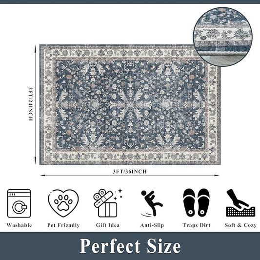 2x3 Non-Slip Washable Kitchen Rug - Boho Soft Small Area Rug for Sink, Entryway, Pet Area & Bathroom - Low Pile Thin Indoor Door Mat (Blue,2x3)