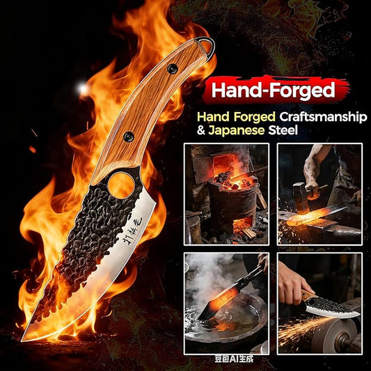 HAMMER IRON ALLEY Japanese Chef Knife, HIA 5.7 inch Sharp Kitchen Knife with Sheath, Hand Forged Butcher Viking Cleaver Knife for Meat Cutting, Home, Camping, BBQ, Black
