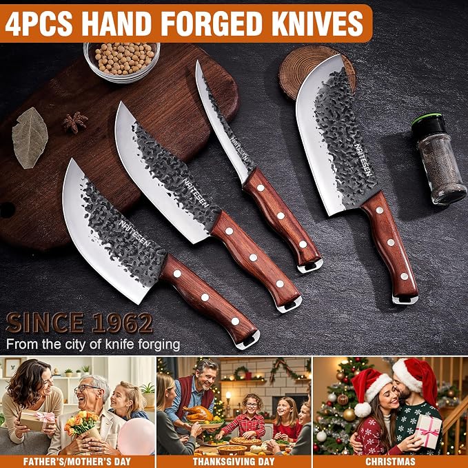 Naitesen 4PCS Butcher Knife and Kitchen Knife Set, Hand Forged Very Sharp for Meat Cutting Cooking BBQ Gifts for Men Women