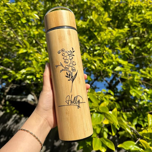 Bamboo Water Tumbler Personalize Travel Mug Custom Engraved Tea Tumbler with Infuser Wooden Bottle Birthday Gift Flower for Tea Lover, Mom, Women Tea Infuser (BB006-B, 15 oz)