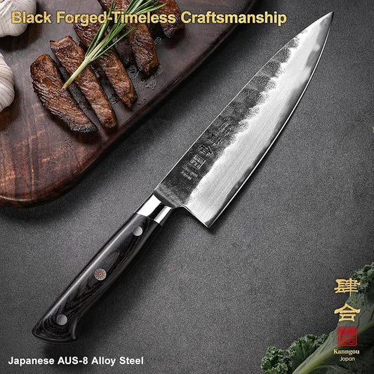 kanngou 8 Inch Chef Knife, Japanese Chefs Knife Black Forged Kitchen Knife with AUS-8 Alloy Steel and Full Tang Pakkawood Handle, Christmas Gift with Premium Box
