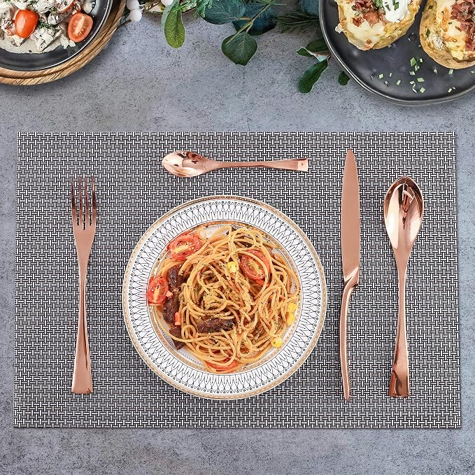 Lemeya 24 Pieces Rose gold Silverware Set for 6,Heavy Duty 18/10 Stainless Steel Flatware Set with Forged Stand Knife,Modern Cutlery Utensil Set,Mirror Polished,Dishwasher Safe