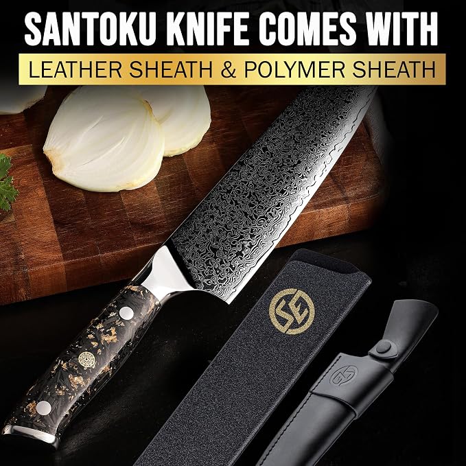 SliceElite Elite Series 7 Inch Santoku Knife VG10 Damascus Steel Forged Carbon Fiber Handle Dual Protection Cutting Kitchen Tool Sharp Vegetable Meat Chopping BBQ Chef Slicing Cleaver Camping Butcher