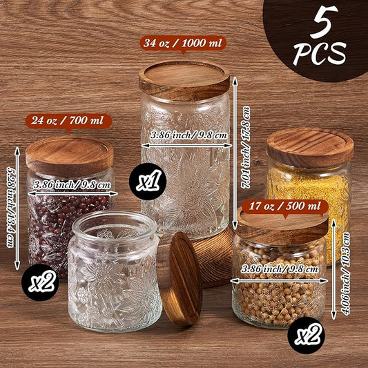 Gerrii Clear Sunflower Round 5 Pcs Vintage Glass Food Storage Containers 17/24/34 oz Glass Jar with Lid Airtight Candy Food Canisters for Kitchen Counter Pantry Coffee Beans