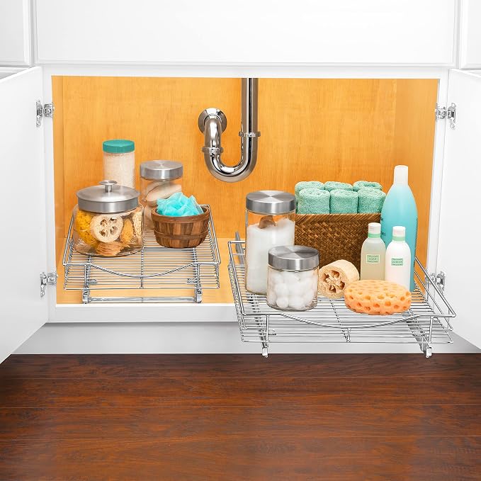 LYNK PROFESSIONAL® Pull Out Cabinet Organizer, 14" x 21" Slide Out Cabinet Organizer Pull Out Drawer – Pull Out Shelves for Kitchen Cabinets – Under Sink Organizers - Lifetime Ltd. Warranty, Chrome