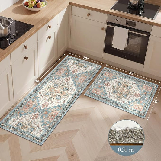 GENIMO Kitchen Rugs Non Slip Washable, 2PCS Kitchen Mats for Floor, Cushioned Standing Mat, Kitchen Runner Rug Floor Mat for Kitchen Decor, Laundry, Sink, Entryway, Home, 20"x32"+20"x48", Blue&Salmon