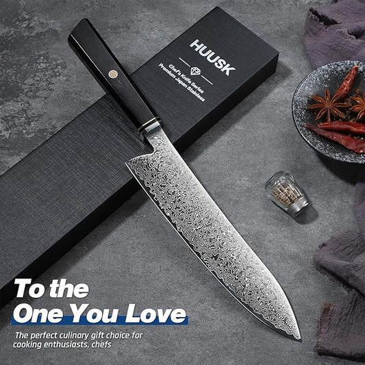 Huusk Damascus Chef Knife 8 Inch, 67-Layers Damascus Kitchen Knives with Ergonomic Wood Handle, Ultra Sharp Japanese Knife, Professional Cooking Knives for Kitchen, Christmas Gifts for Men Women