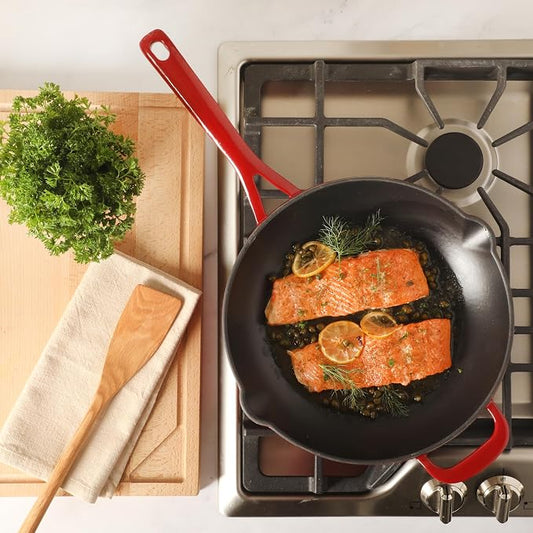 Martha Stewart Gatwick 12” Enameled Cast Iron Skillet, PFAS-Free, Classic Red Exterior with Matte Black Enamel Interior, Rust Resistant, Oven Safe