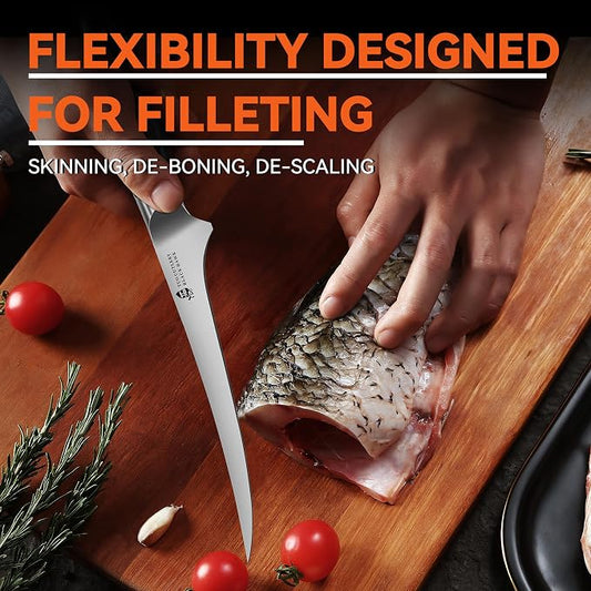 TUO Fillet Knife, 7 Inch Professional Fish Boning Knife for Trimming Meat & Poultry, Flexible Blade, High Carbon German Steel, Full Tang Handle - Black Hawk Series
