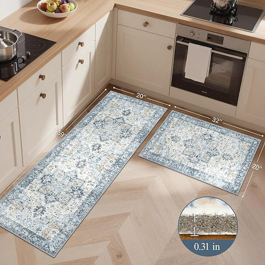 GENIMO Kitchen Rugs Non Slip Washable, 2PCS Kitchen Mats for Floor, Cushioned Standing Mat, Kitchen Runner Rug Floor Mat for Kitchen Decor, Laundry, Sink, Entryway, Home, 20"x32"+20"x59", Blue