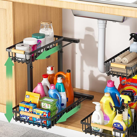 Merrylun Under Sink Organizers,5 Adjustable Height,Metal Pull Out Under Sink Organizers and Storage Shelves with Sliding Drawer, Black, 2 Pack(Hight 13.6″-16.9″)