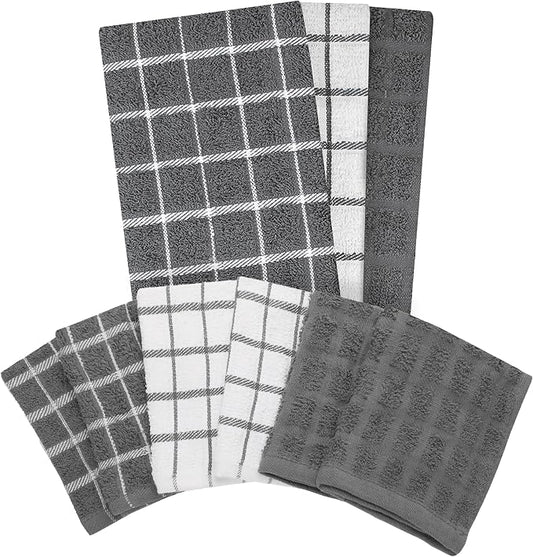 Ritz Premium 3-Pack Kitchen Towel & 6-Pack Dish Cloth Set - Highly Absorbent, Super Soft, Long-Lasting, 100% Cotton Terry Drying Cleaning Cloths, Gray