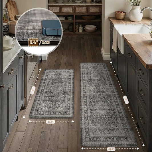WondRgVintage Kitchen Mats for Floor Anti Fatigue Waterproof Kitchen Rugs Sets of 2 Black Grey Cushioned Non-Slip Kitchen Mats Comfort Standing Mat for Sink Laundry Office 17.3"×47"+17.3"×30"