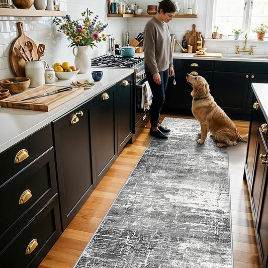 Washable 2x5 Kitchen Area Rug: Non-Slip Abstract Water-Resistant Entryway Rug Soft Sink Fridge Area Bedroom Carpet Low Pile Floor Mat for Bathroom Laundry Nursery Non-Shedding Runner(2X5,Black/Grey)