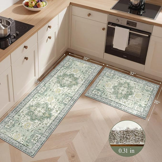 GENIMO Kitchen Rugs Non Slip Washable, 2PCS Kitchen Mats for Floor, Cushioned Standing Mat, Kitchen Runner Rug Floor Mat for Kitchen Decor, Laundry, Sink, Entryway, Home, 20"x32"+20"x59", Light Green