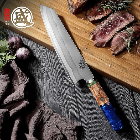 MITSUMOTO SAKARI 8-Inch Kiritsuke Chef Knife, 7-Layer 440C Damascus | Long flat edge for clean slicing, angled tip for detail cuts, blue pomegranate handle, sandalwood box