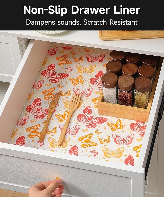 Reusable Non-Adhesive Drawer and Shelf Liner for Kitchen Cabinets - Waterproof Shelf Paper, Easy to Cut and Install - Suitable for Cabinets, Drawers, Shelves, and Desks(Red Butterfly, 23.6"W x 236"L)