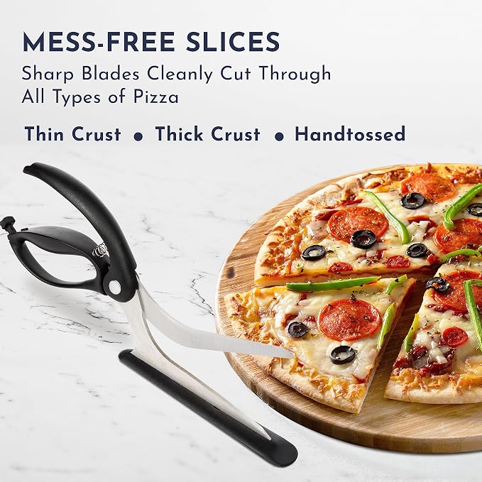 Pizza Scissors - Non-Stick Pizza Scissors with Firm Grip Base - Food Grade Stainless Steel Pizza Cutter - 5-in-1 Food Slicer & Pizza Server - Durable, Safe & Mess Free