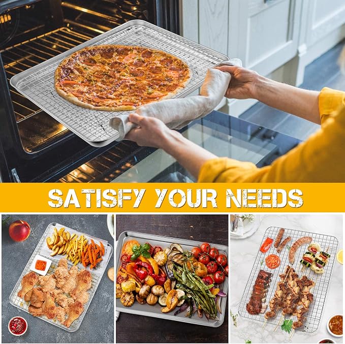 P&P CHEF 16 Inch Baking Sheet and Rack Set, Stainless Steel Cookie Sheets Oven Baking Pans Trays with Cooling Racks for Cooking & Roasting, Oven & Dishwasher Safe, (2Pcs)