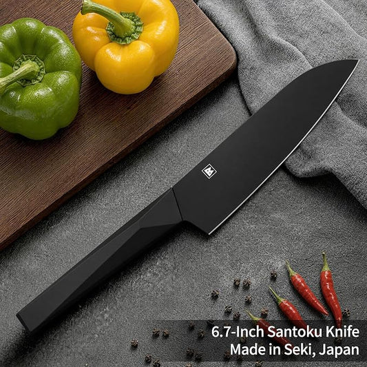 6.7 Inch Santoku Knife, Made in Japan, Matte Black High Carbon Molybdenum Stainless Steel Japanese Chef Knife with NonSlip Handle, Kitchen Knife for Modern Kitchen Gifts