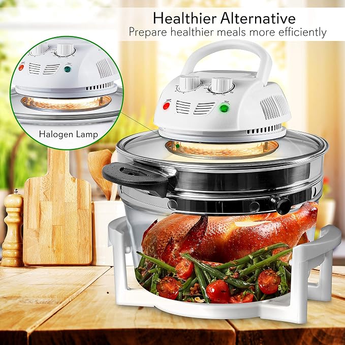 NutriChef Air Fryer, Infrared Convection Oven, Halogen Oven Countertop, Healthy Cooking, Stainless Steel, 13 Quart 1200W, Prepare Quick Healthy Meals, Great for French Fries & Chips (White)