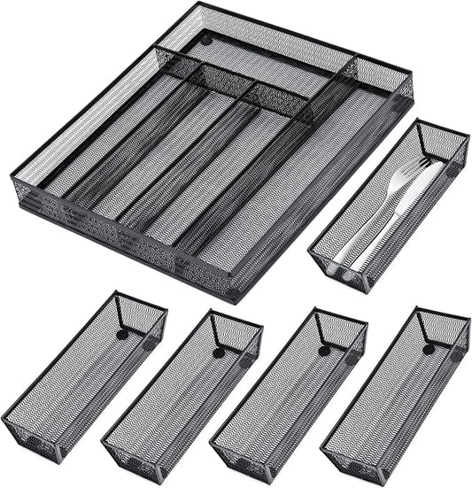 Neudeco Drawer Organizer Set, Black Mesh, 6 Pack | 5-Compartment Silverware Organizer Tray, 5 Utensil Trays, For Flatware, Cutlery, Office Supplies, Non-Slip
