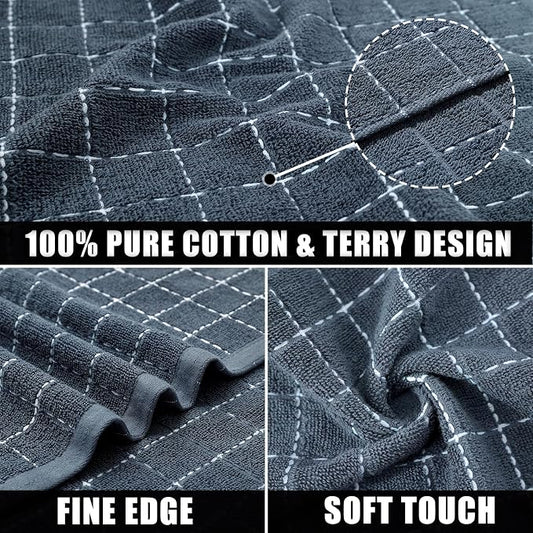 Mordimy 100% Cotton Terry Cloth Kitchen Towels, Super Soft and Absorbent Dish Towels for Drying, Checkered Designed Hand Towels for Kitchen, 16 x 26 Inches, 4 Pack, Grey