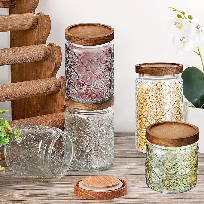 Gerrii Clear Begonia Round 5 Pcs Vintage Glass Food Storage Containers 17/24/34 oz Glass Jar with Lid Airtight Candy Food Canisters for Kitchen Counter Pantry Coffee Beans