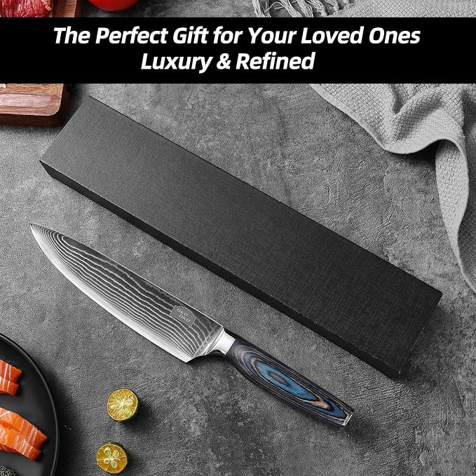 Damascus Chef Knife, 8-Inch Kitchen Knives with 9Cr18MoV Steel Core, Japanese Chef Knife with Durable Wood Handle - Professional Razor Sharp Cooking Chef Knife for Kitchen with Gift Box