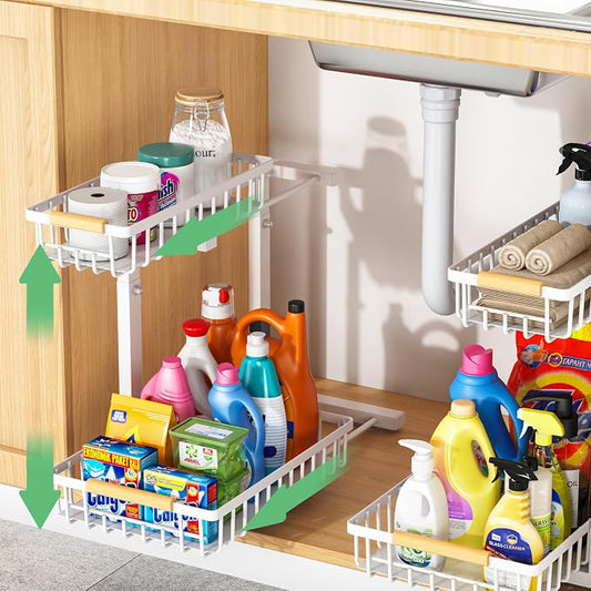 Merrylun Under Sink Organizers,5 Adjustable Height,Metal Pull Out Under Sink Organizers and Storage Shelves with Sliding Drawer 2 pack, White