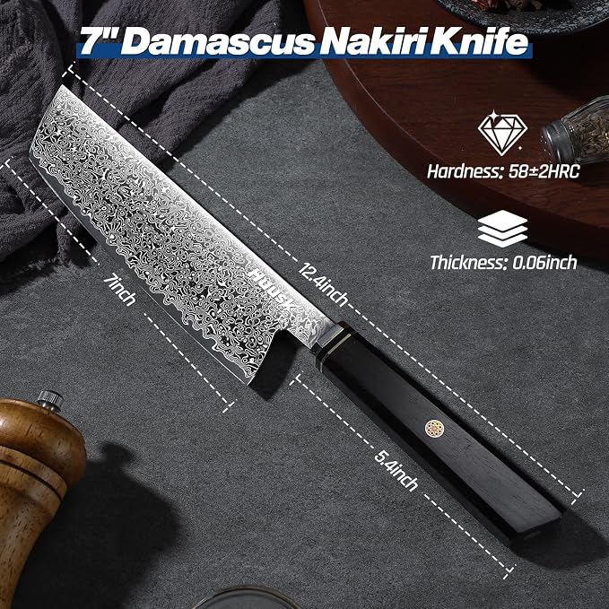 Huusk Damascus Nakiri Knife 7 Inch, Japanese Chopping Chef Knives, Sharp Cleaver and Vegetable Knife with Ergonomic Wood Handle, Damascus VG-10 Kitchen Knives, Birthday Christmas Gifts for Men Women