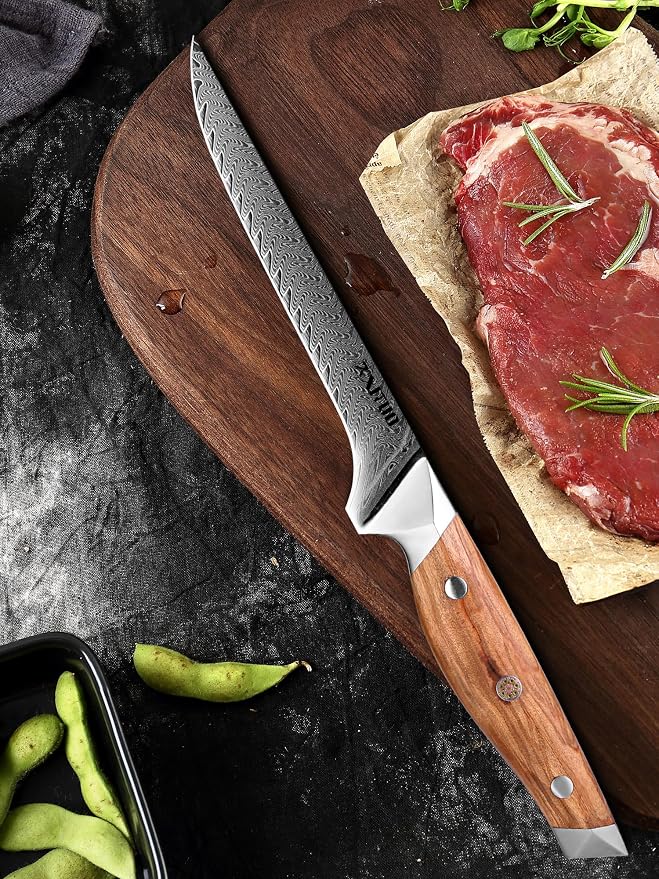 XITUO 6-Inch Boning Knife, Damascus Steel Sharp Blade with Olive Wood Handle – Heavy Duty Meat Trimmer for Steak, Ribs & Turkey, Great Gift for Cooking Enthusiasts
