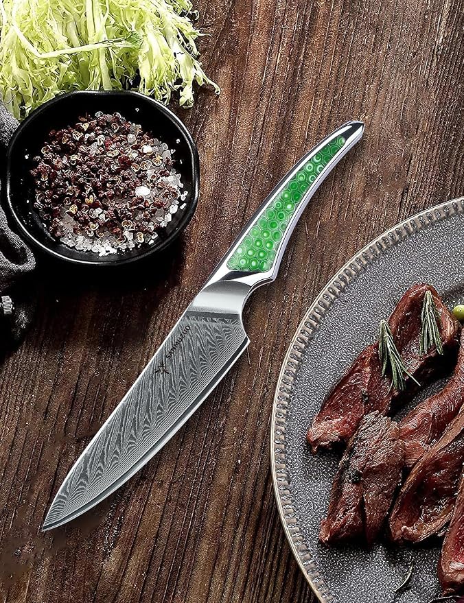 5 inch Utility Knife, Japanese VG-10 Damascus Steel Kitchen Knife, Ultra Sharp Fruit Knife with Full-tang Handle in Green Resin, LA-S9 Series
