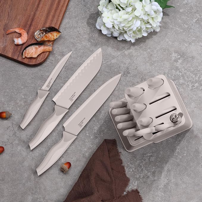 LIANYU Knife Block Set with Sharpener, 15PCS Kitchen Knife Set with Block, Razor Sharp Knives Set for Kitchen, High Carbon Stainless Steel Chef Knife Set, Anti- Rust Blade & Ergonomic Handle, Khaki