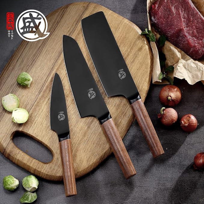MITSUMOTO SAKARI 7-Inch Japanese Nakiri Knife, Black Titanium Coated | Flat Nakiri edge for vegetable push cuts, black titanium coating, German alloy steel, walnut handle