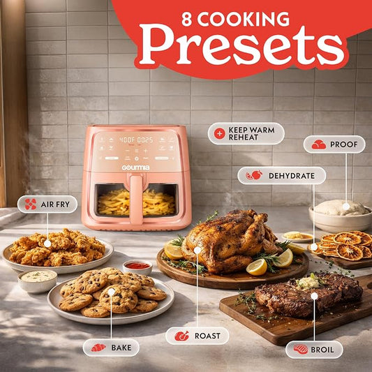 Gourmia 8 Qt Air Fryer, 8 Presets with Digital Display, FryForce 360° Technology, Easy View Window & Interior Light, Dishwasher Safe Basket, Peach