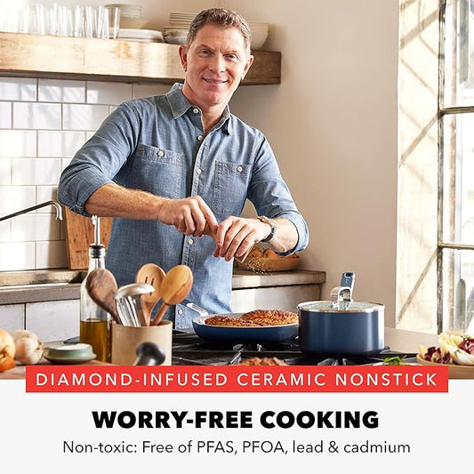 GreenPan x Bobby Flay 4.5QT Nonstick Saute Pan with Glass Lid, PFAS-Free Diamond Ceramic, Induction Suitable, Stay-Cool Silicone Handle, Easy Clean Dishwasher & Oven Safe, Navy Blue