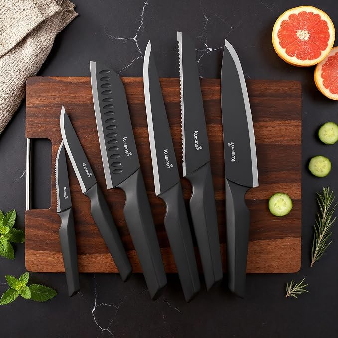 KUISINE Upgraded Chef Knife Set One Piece Molding High Carbon Stainless Steel,Super Sharp Blade Ergonomic Steel Handle,Knife Block Set with Built-in Sharpener(EX Black Pro,15PCS)