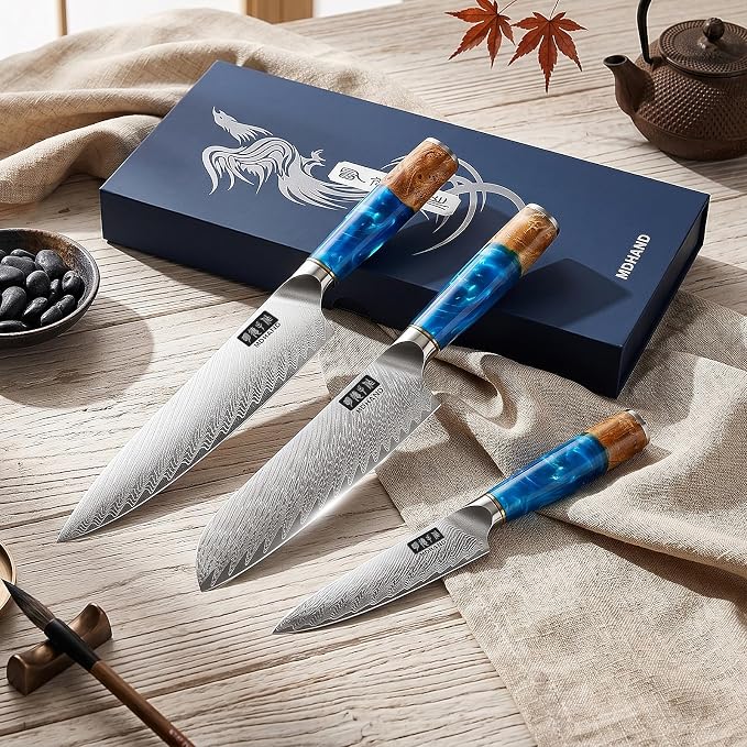 MDHAND Japanese Knife Set, 3PCS Professional Chef Knife Set, VG10 Steel Kitchen Knife Set with Azure Timber Collection Handle, Ultra Sharp Kitchen Knives Set for Home Cooking, Gifts for Men Women