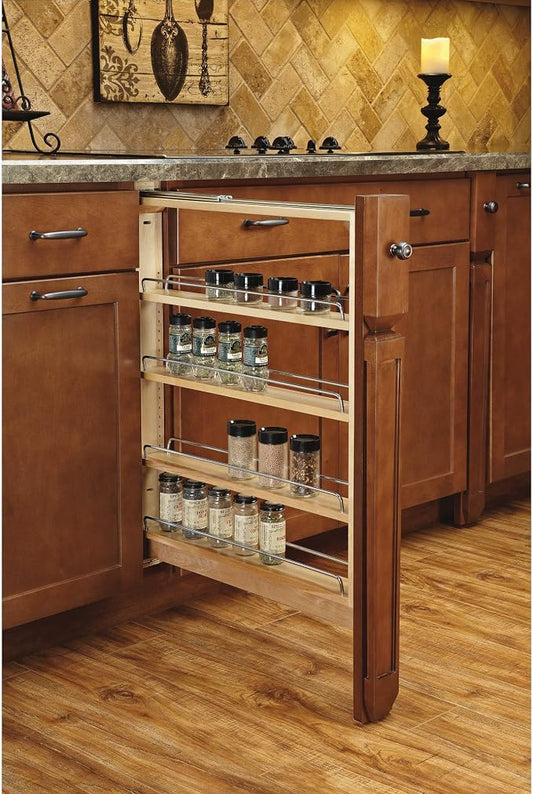 Rev-A-Shelf 6" Pull Out Shelf Organizer for Base Kitchen Cabinets, Filler Spice Rack Seasoning Storage Holder w/Soft-Close, Wood, 432-BFBBSC-6C
